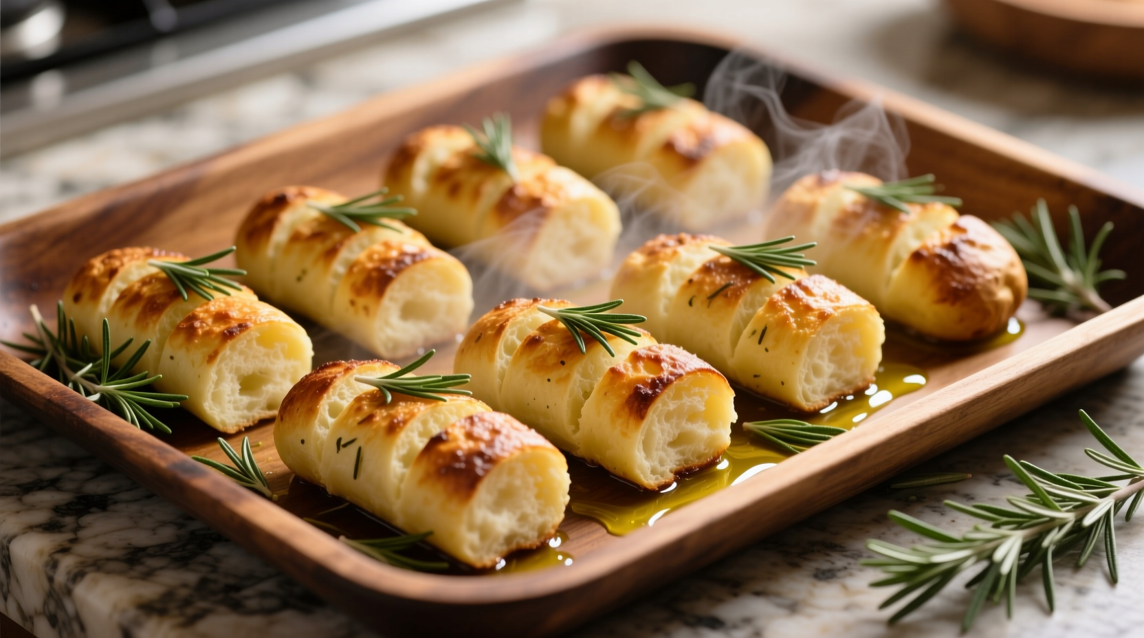 Goldene gebackene Kartoffelstangen mit Rosmarin auf Backblech