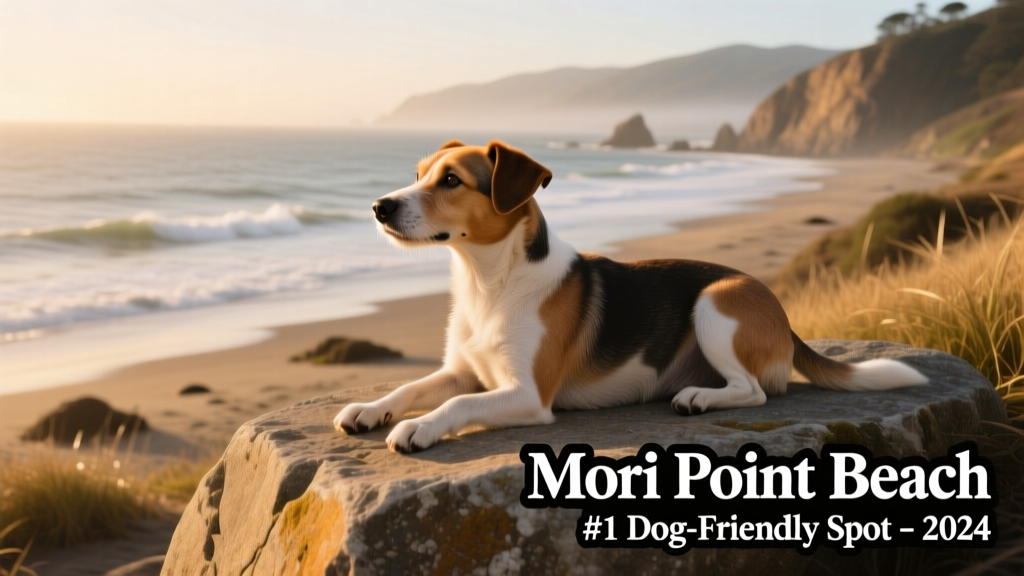 A relaxed terrier mix sitting on a sun-warmed rock at Mori Point Beach, gazing out at the ocean with a calm expression