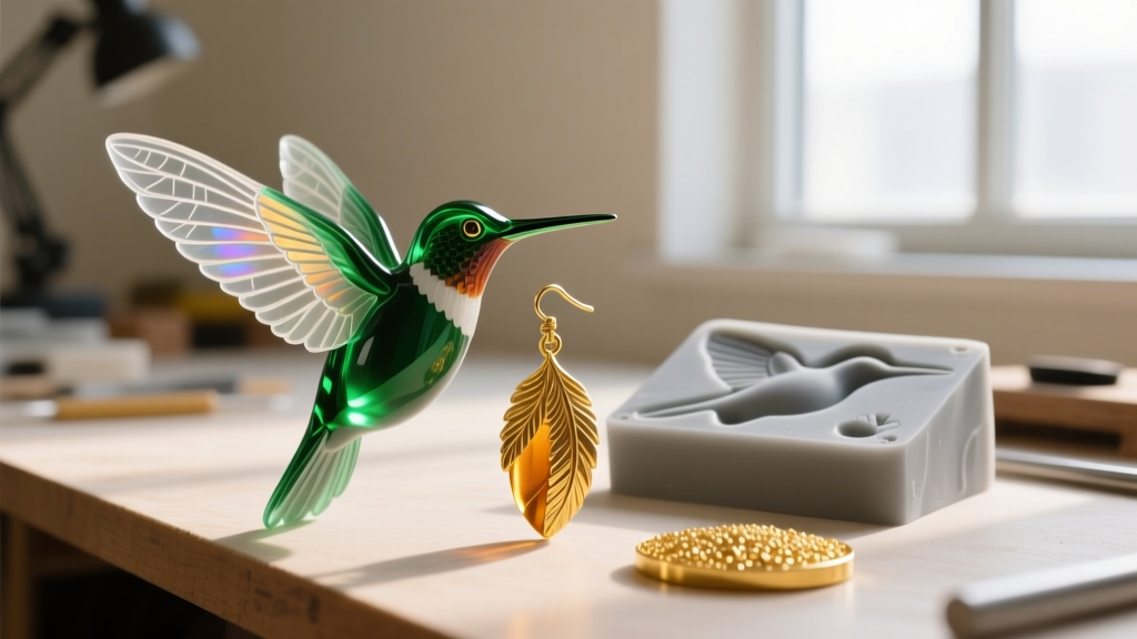 Workbench displaying a 3D-printed resin hummingbird earring model beside a rubber mold and 18k yellow gold casting grain.