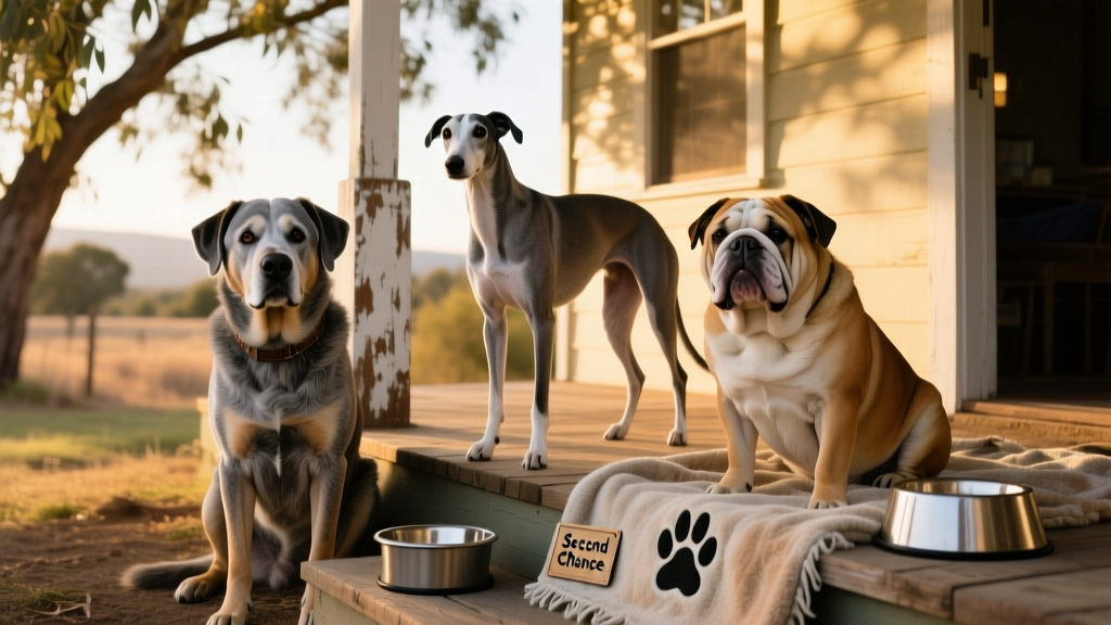 Three senior dogs — a gentle Rottweiler, a relaxed Greyhound, and a sweet-faced Bulldog — relaxing together on a shaded porch with soft blankets and water bowls nearby
