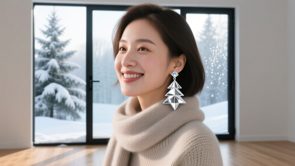 A woman with a round face shape wearing angular, geometric silver Christmas tree drop earrings, smiling softly in winter lighting.