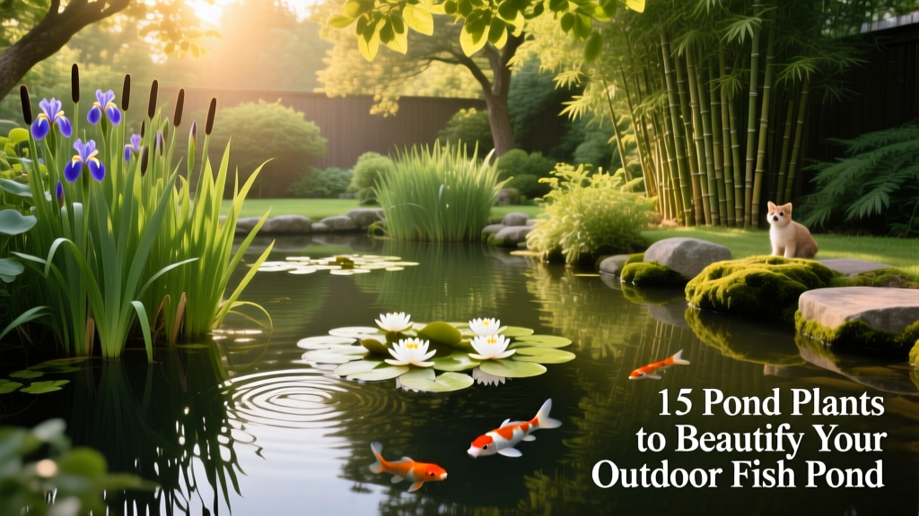 A serene backyard fish pond with lush marginal plants along the edges and water lilies floating on the surface