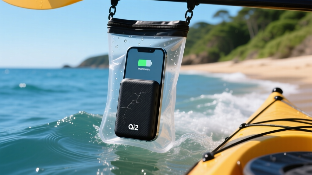 Rugged Qi2 wireless power bank magnetically attached to a phone inside a waterproof dry bag during a coastal kayak trip