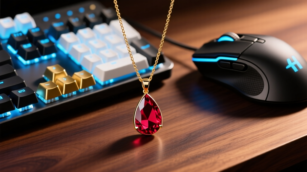 Red teardrop ruby pendant on a gold chain on dark wood next to a glowing mechanical keyboard and gaming mouse in soft studio light