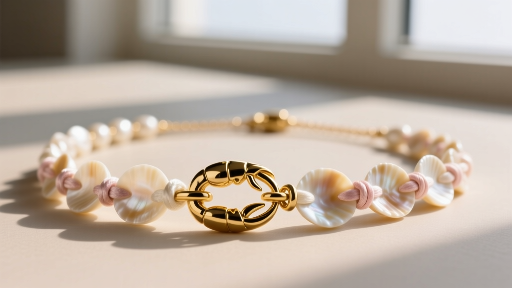 Close-up of a 14k gold-filled lobster clasp and hand-tied silk knots between cream puka shells on a high-end necklace strand.