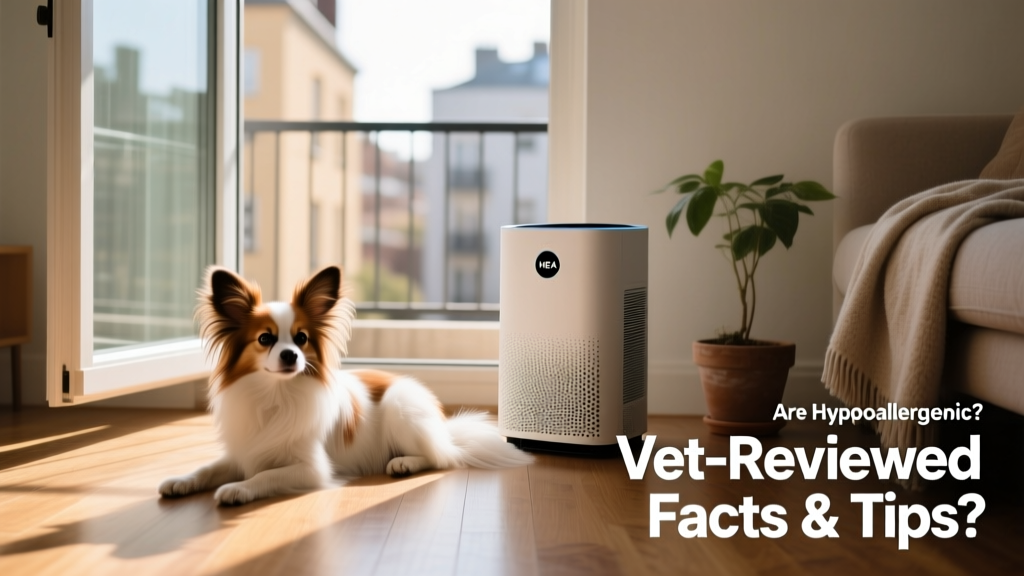 A calm Papillon resting beside a HEPA air purifier and open window, with a clean hardwood floor and minimal soft furnishings nearby