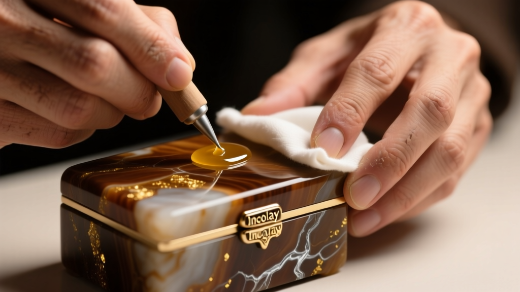 Hands applying micro-crystalline wax to an Incolay stone jewelry box using a soft cotton cloth under warm studio lighting