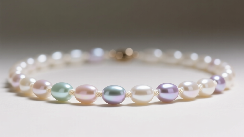 Close-up of a white freshwater rice pearl necklace displaying elongated shapes, high luster, and pastel overtones on knotted silk.