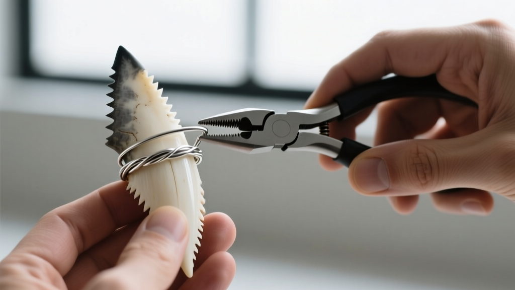 Hands using nylon jaw pliers to bend 18-gauge sterling silver wire around the serrated edge of a large shark tooth