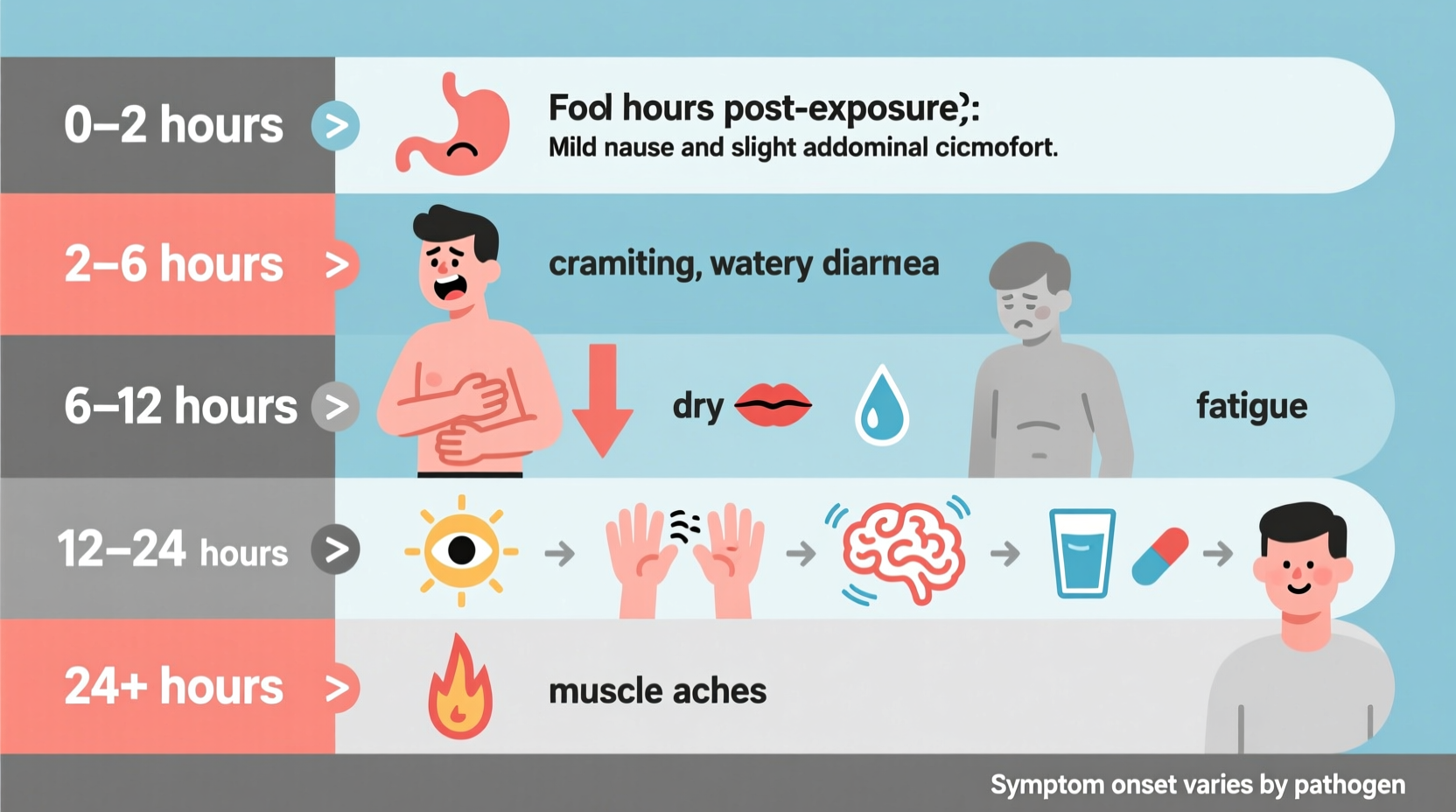 Timeline showing food poisoning symptoms progression