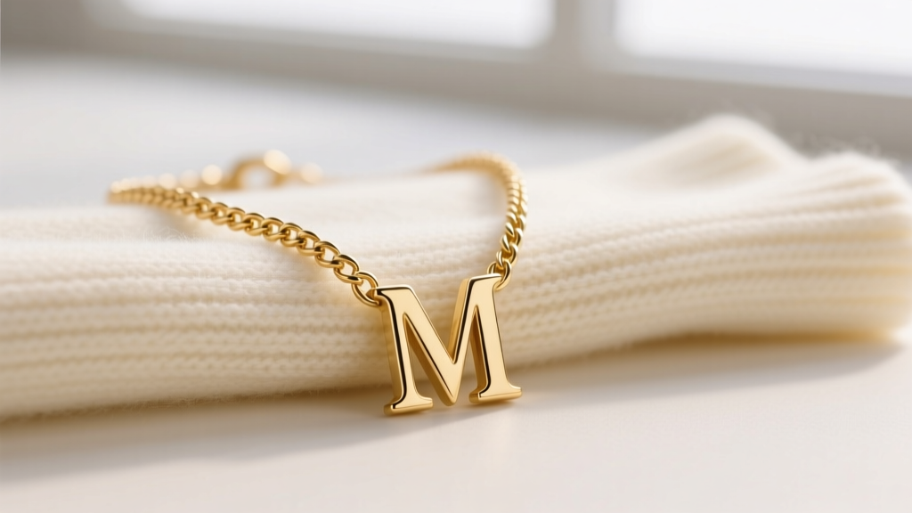 Close-up of a 14k solid gold initial necklace on a cream sweater, highlighting an engraved letter M and sturdy cable chain links.