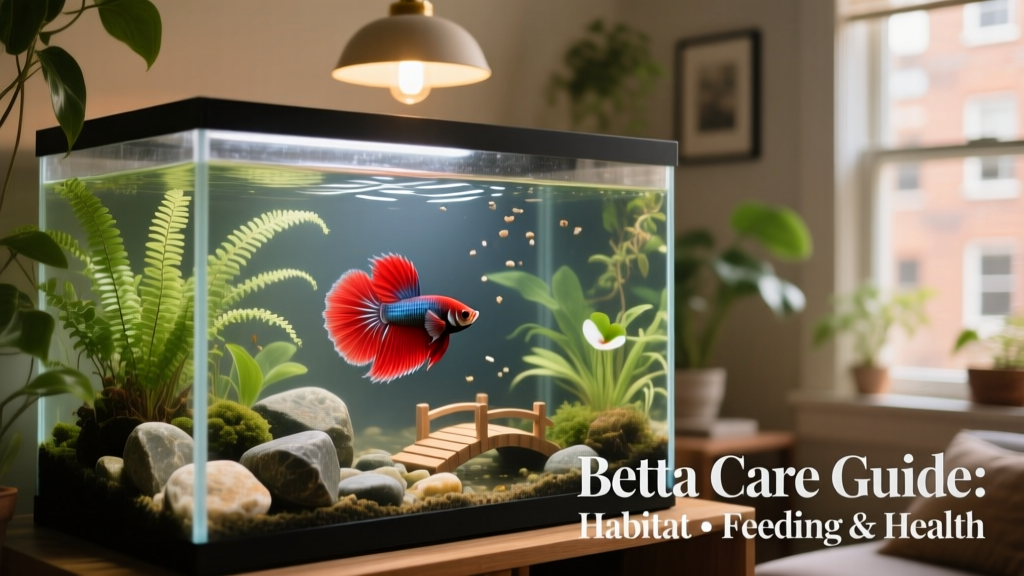 Well-decorated 10-gallon betta aquarium with live plants, smooth rocks, and gentle lighting