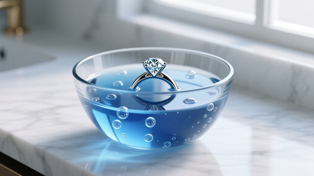 Diamond ring soaking in a glass bowl of lukewarm water and blue dish soap, lit by soft window light on a white marble surface.