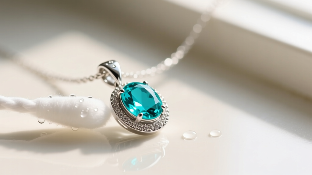 Macro shot of a silver necklace with a turquoise pendant being gently wiped with a damp cotton swab around the bezel setting.