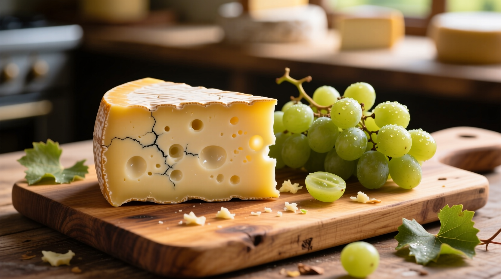 Fontina cheese wedge on wooden board with grapes