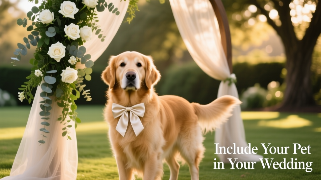 A golden retriever wearing a simple satin bow, standing beside a wedding arch decorated with greenery and white flowers