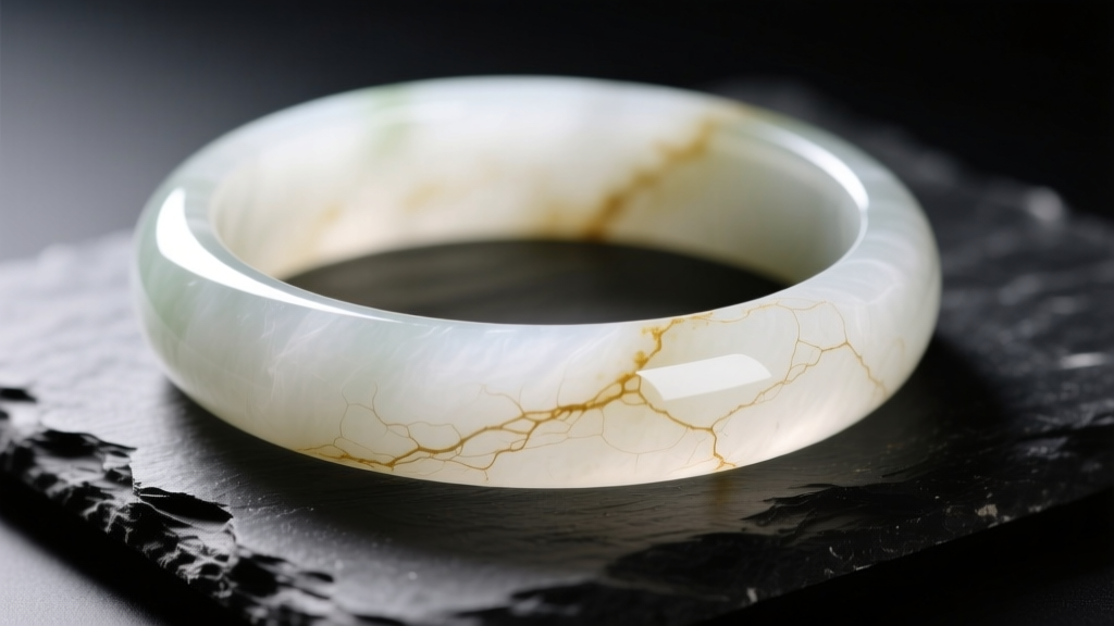 Close-up of a translucent creamy white Hetian nephrite jade bangle on dark slate, showing its fibrous internal structure