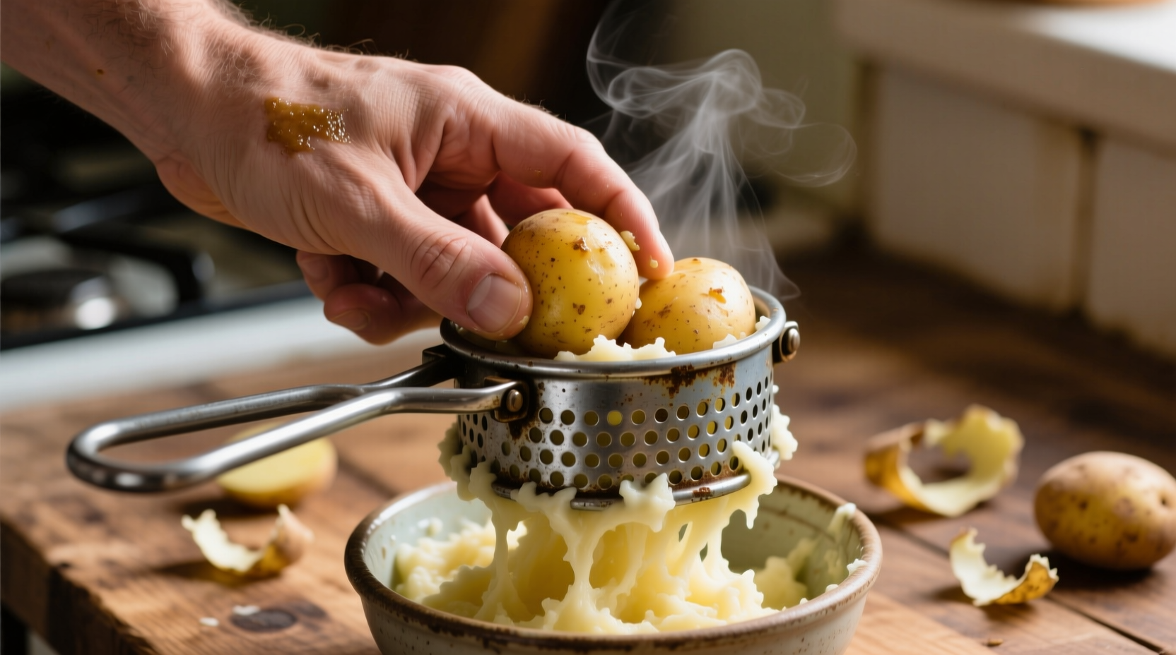 Hand pressing cooked potatoes through a metal potato ricer