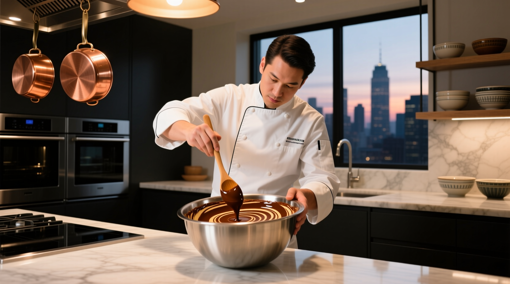 Chef mixing brown food coloring in professional kitchen