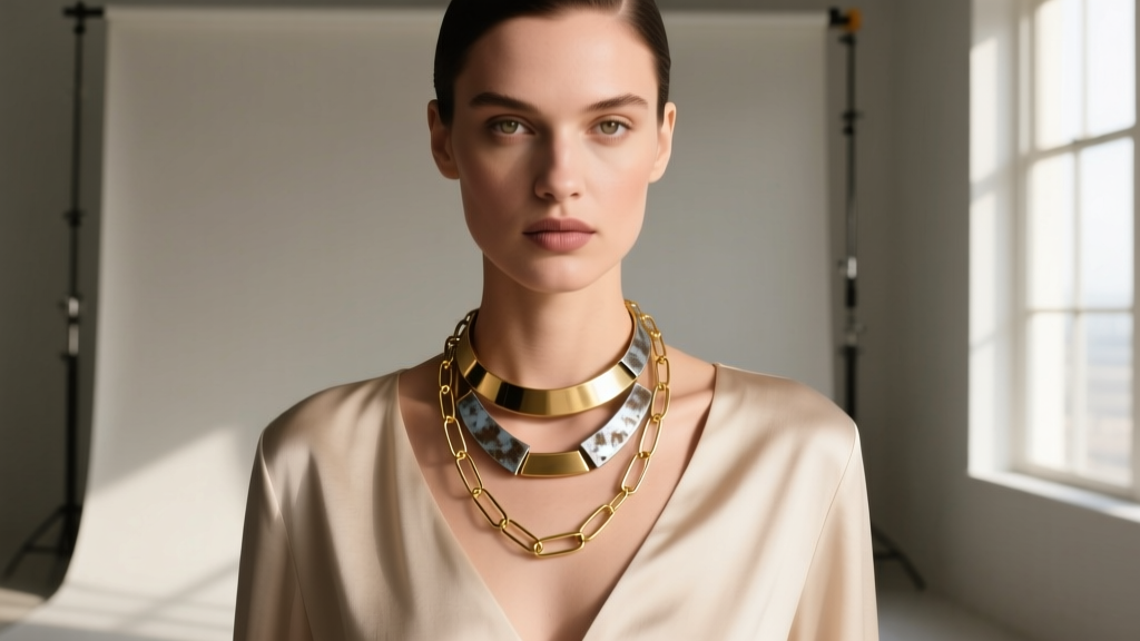 Model wearing asymmetric layered necklaces, featuring a delicate gold paperclip chain and a mixed-metal lariat on a neutral top.