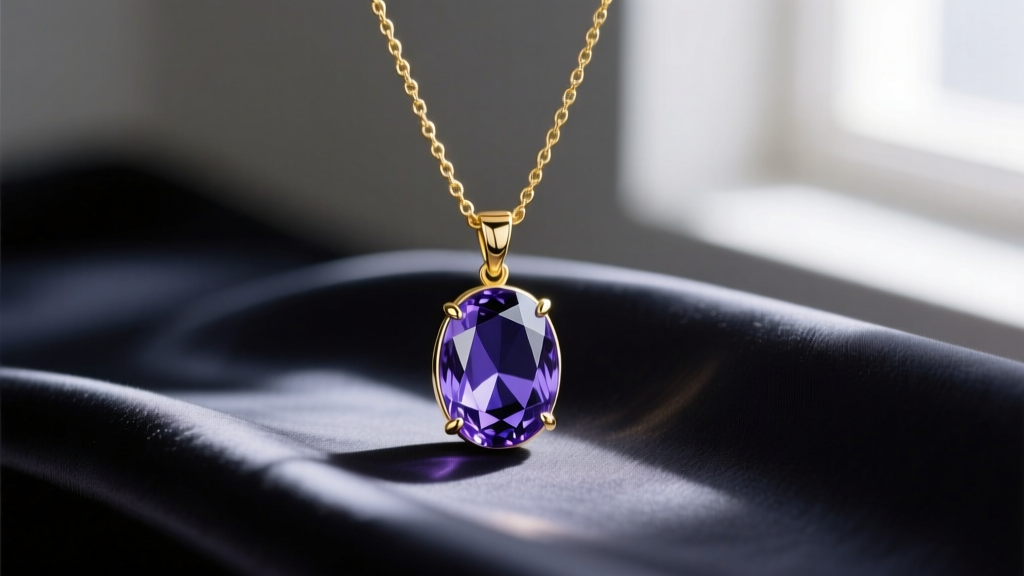 A 14k yellow gold pendant necklace with an oval-cut deep violet-blue tanzanite gemstone resting elegantly on dark silk fabric.