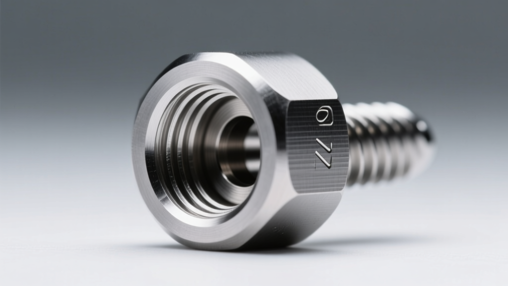 Extreme close-up of internal threading on an 8mm titanium labret post, highlighting the precision machined screw mechanism detail