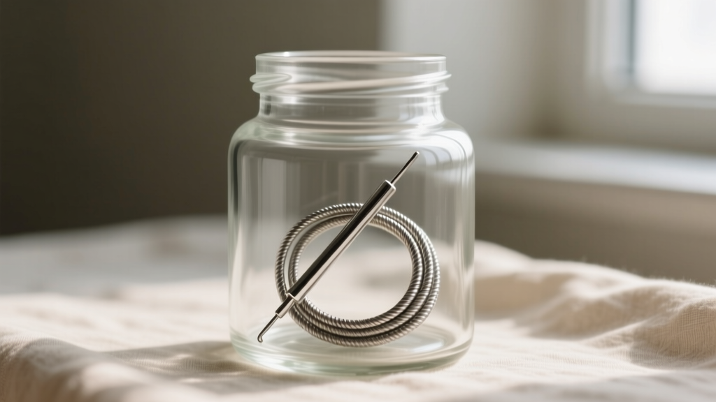 Close-up of a wide-mouth glass apothecary jar neatly coiling a stainless steel braided meat thermometer probe wire to prevent internal breakage