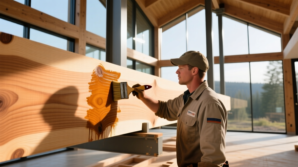 Worker applying oil stain with a 4-inch brush to a massive exposed Douglas fir glulam beam in a modern timber-frame atrium.
