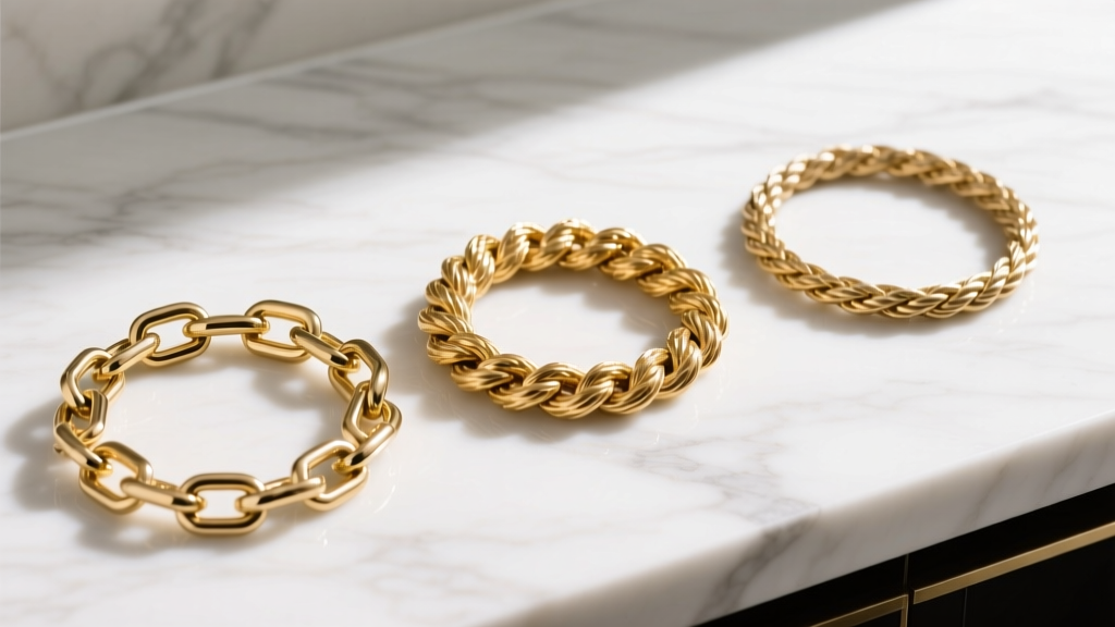 Flat lay of three gold nautical chains: a mariner link, a twisted rope, and a standard cable, placed side-by-side on white marble.