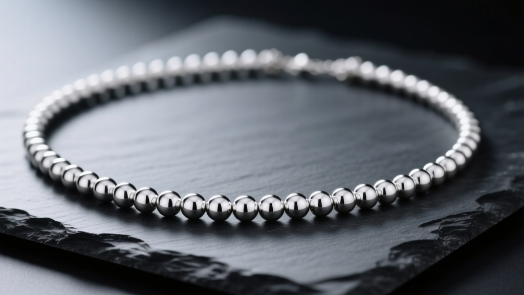 Close-up of an 18-inch sterling silver bead necklace with 5mm round beads resting on dark slate under soft studio lighting.