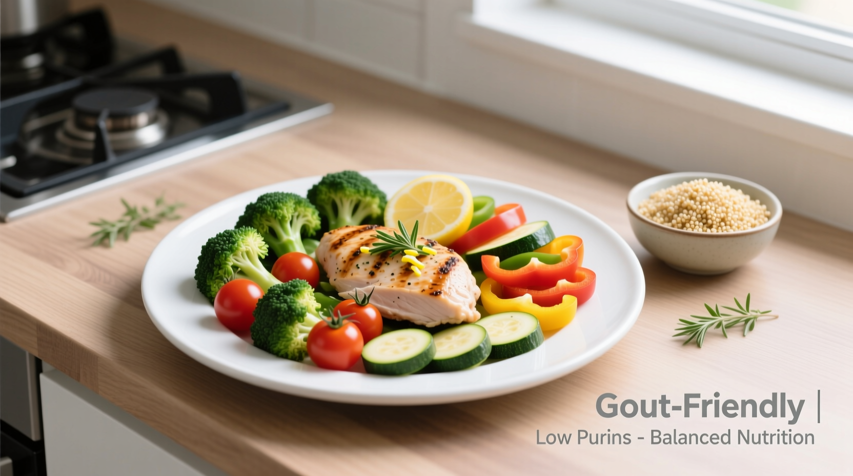 Gout-friendly meal with vegetables and lean protein