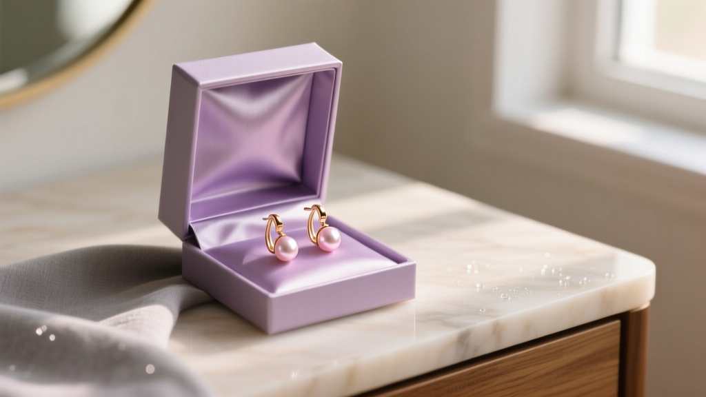 Open silk-lined gift box on a vanity displaying 14k rose gold pink pearl drop earrings catching soft morning window light