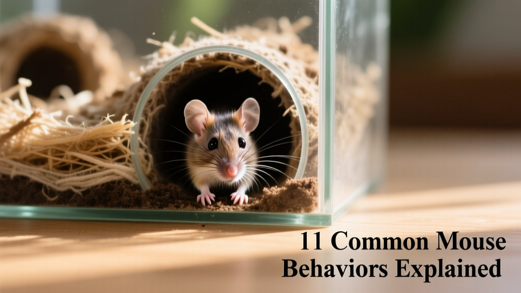 A pet mouse emerging from a freshly dug tunnel in layered bedding inside a glass terrarium
