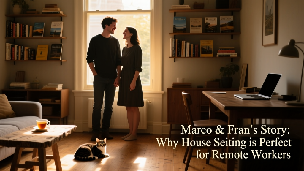 Marco and Fran smiling warmly beside a sunlit living room window, with a relaxed cat curled nearby