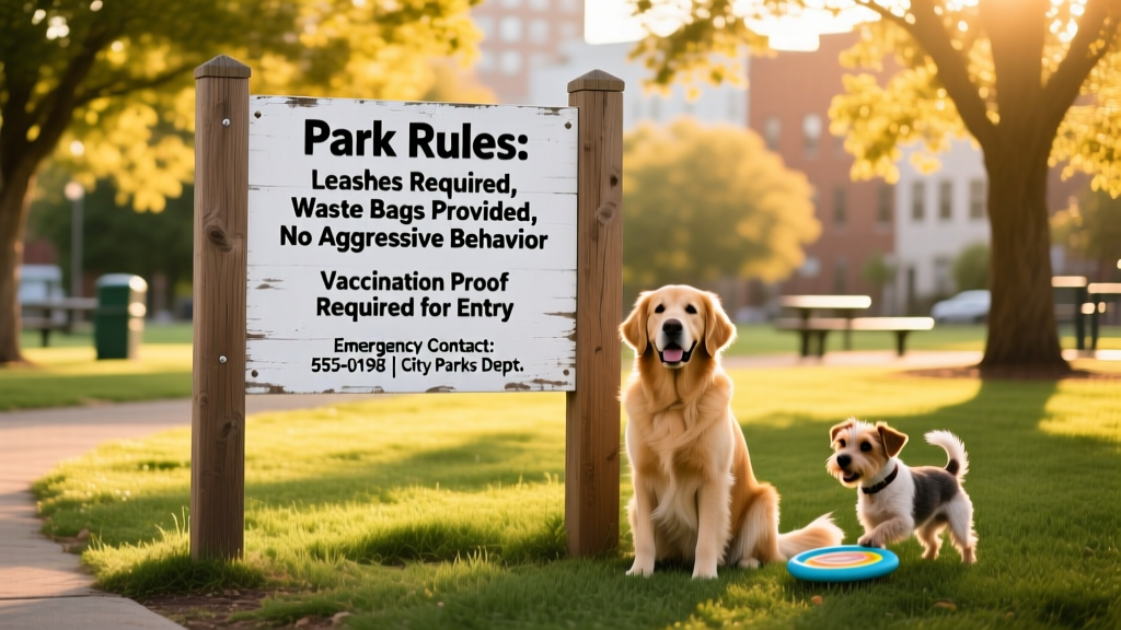 A clean, sunlit dog park sign listing park rules, vaccination requirements, and emergency contact info