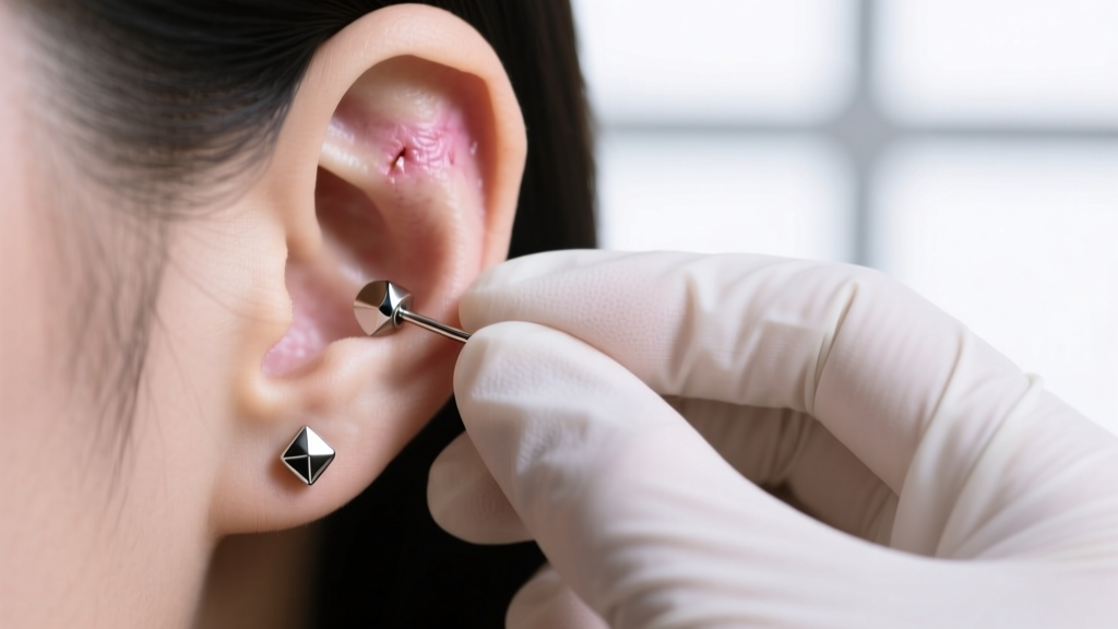 Macro view of gloved fingers safely removing a 16g titanium threadless flat back earring from a healed ear cartilage piercing