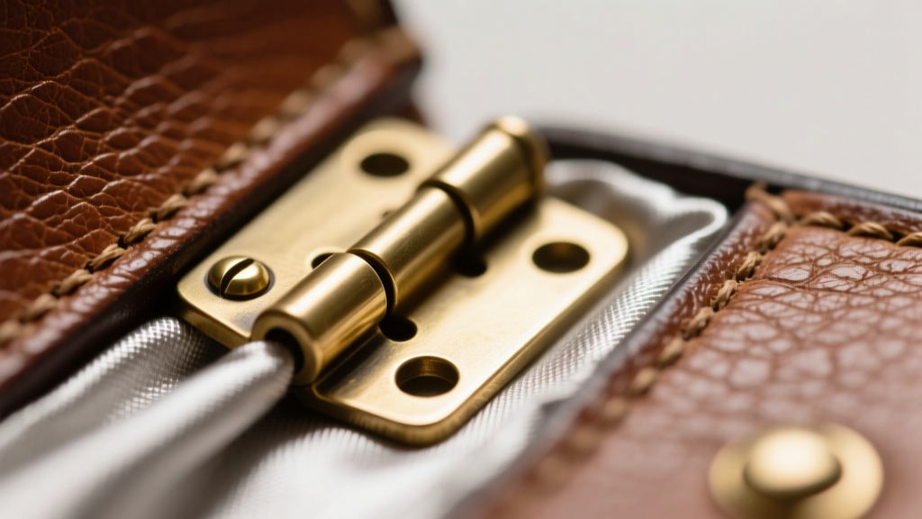 Macro shot of a miniature box brass hinge connecting leather exterior to an anti-tarnish silvercloth interior lining.