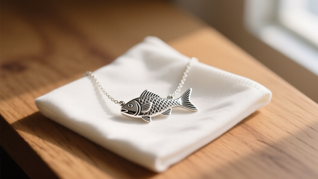 Sterling silver christian fish symbol necklace on a microfiber cloth, lit by soft warm window light on a wooden surface.