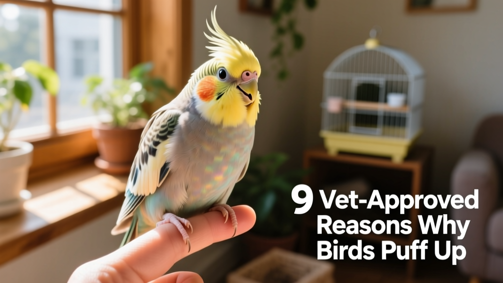 Hand-raised budgie puffing up contentedly while perched on a finger