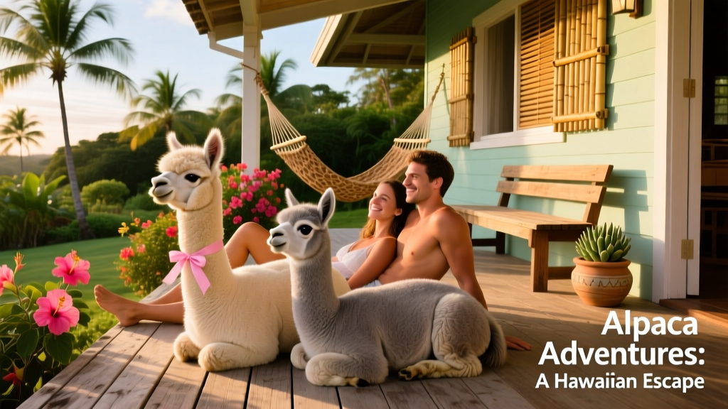 Silvi and Lucas relaxing on a wooden veranda at sunset, with Poppy and Daisy curled beside them