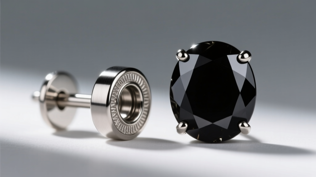 Macro photography of an ASTM F136 implant-grade titanium threadless earring post next to a black onyx cabochon end, sharp focus