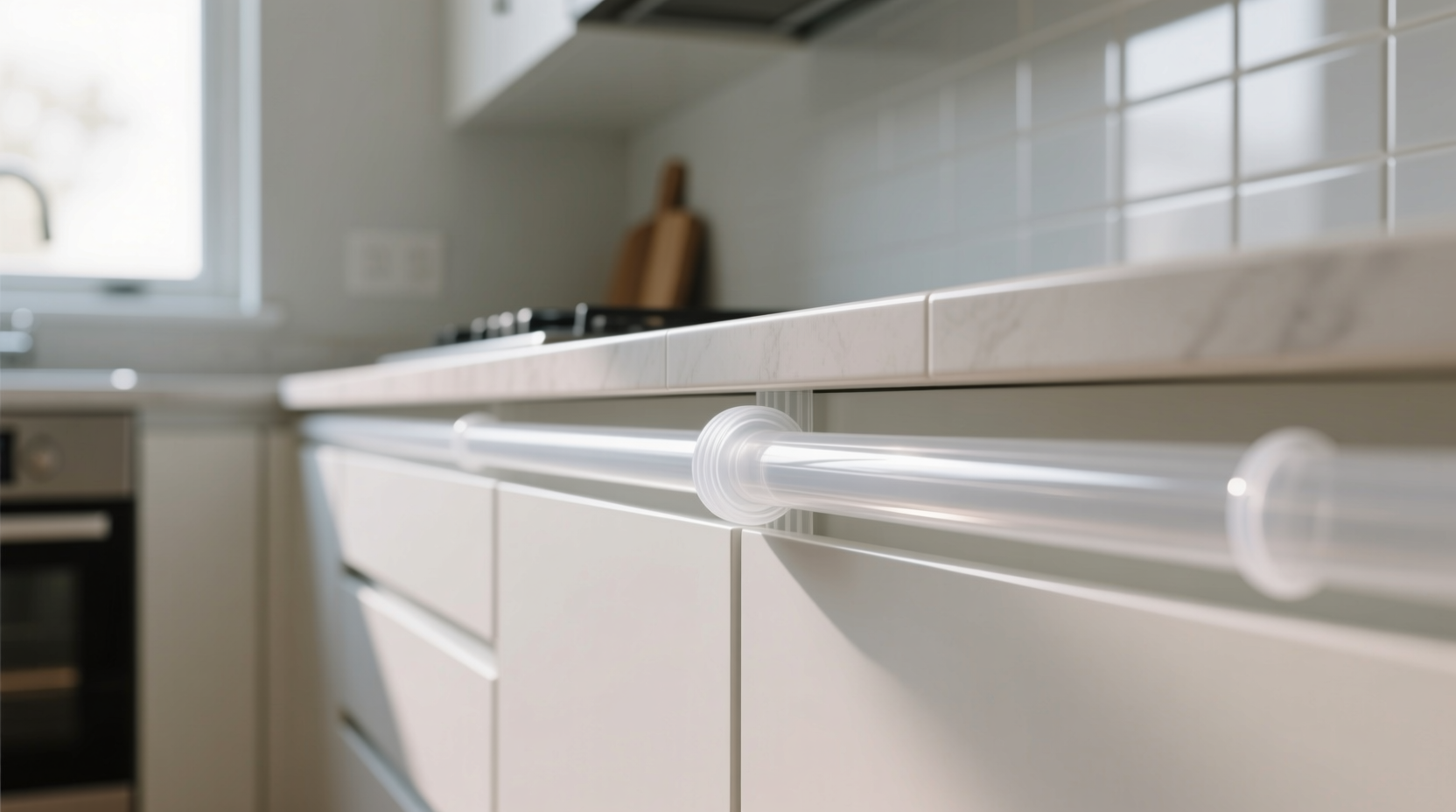 use simple plastic tubing to seal the gap between kitch