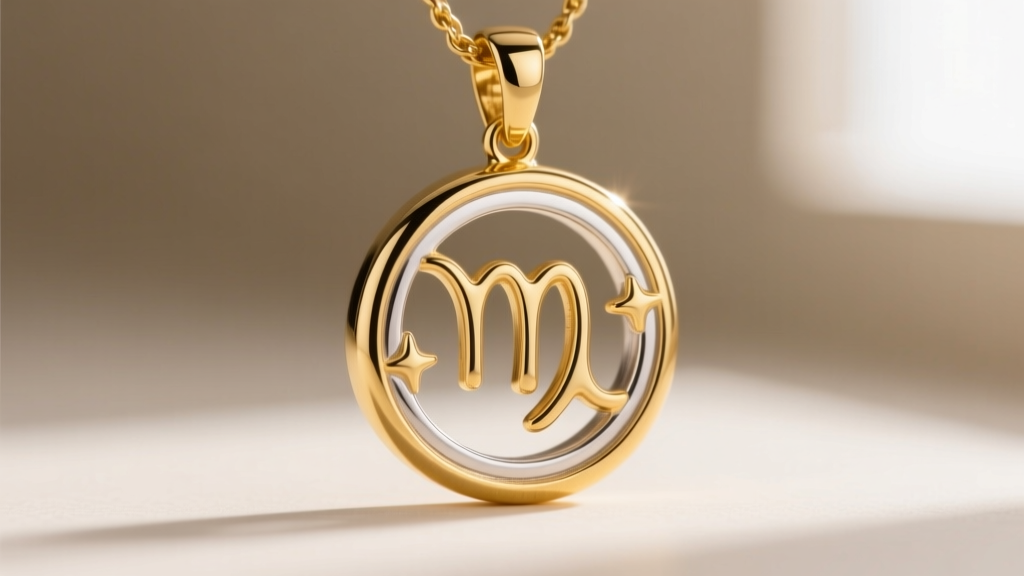 Macro shot of a gold vermeil Virgo pendant showing edge wear, revealing the sterling silver base beneath the gold plating