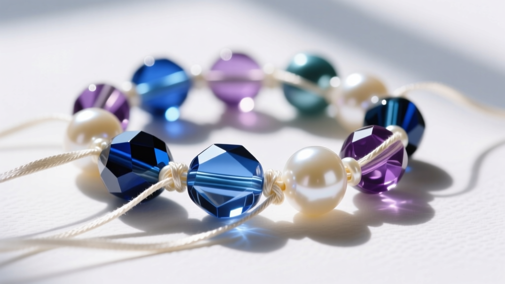 Macro photography of hand-knotted Czech glass seed beads and freshwater pearls on silk thread, highlighting the intricate tension.
