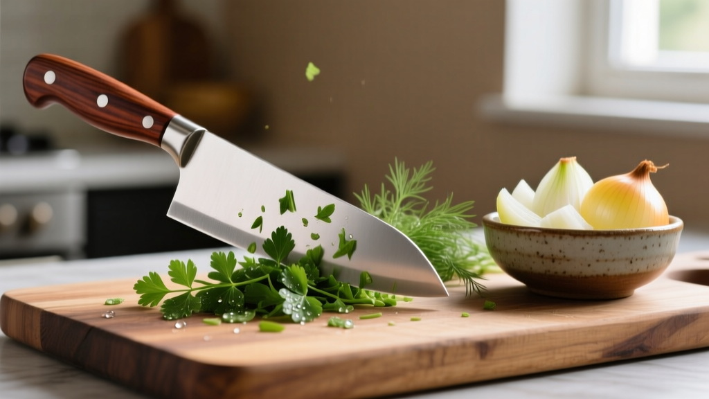 Stainless steel bench scraper with a rosewood handle chopping fresh herbs on a wooden cutting board next to a ceramic bowl of diced onions