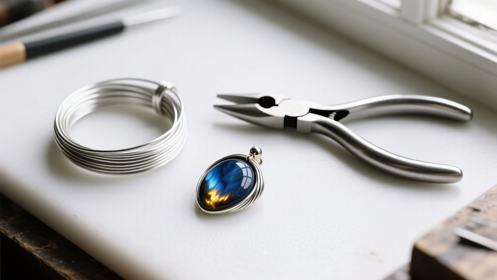 Top-down view of a workbench with 20-gauge sterling silver wire, round nose pliers, and a partially wrapped labradorite pendant.