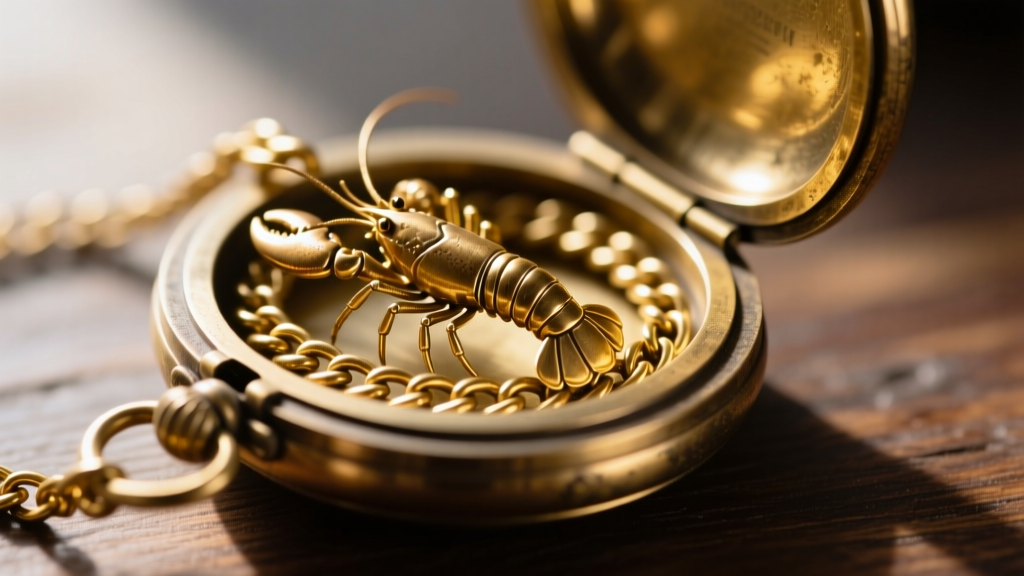 Macro shot of a gold-plated cable chain and lobster clasp on a vintage locket, focusing on brass metal texture and side hinges
