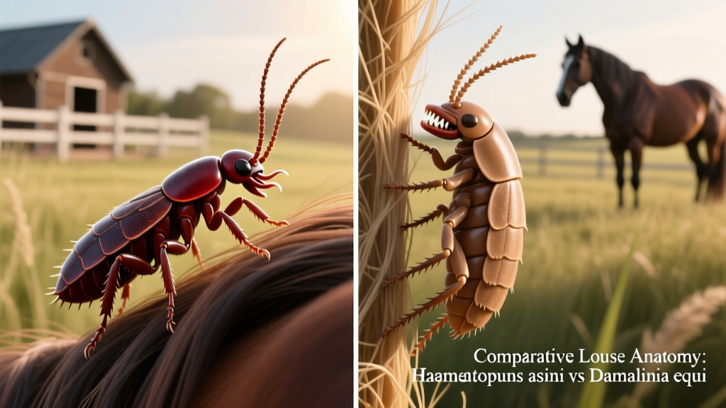 Side-by-side comparison illustration showing the physical differences between Haematopinus asini (blood-sucking) and Damalinia equi (biting) lice