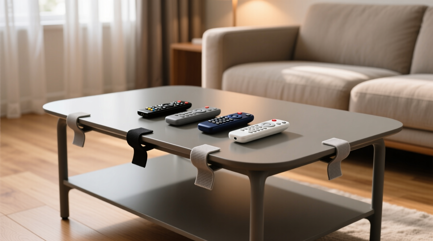 velcro remote controls to a coffee table for easy uncl