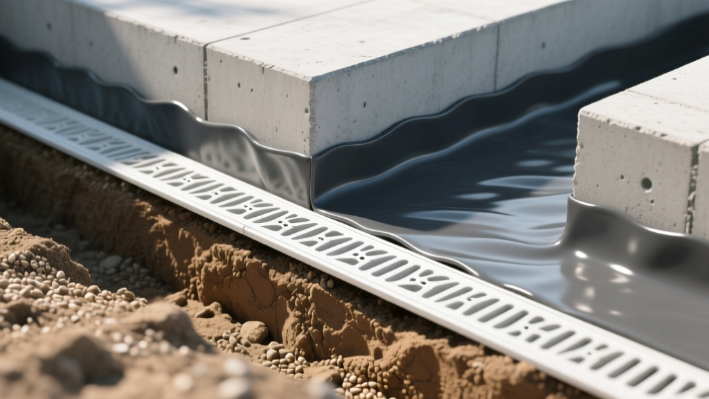 Cross-section of below-grade concrete foundation showing dimpled drain board, liquid-applied membrane, and backfill soil